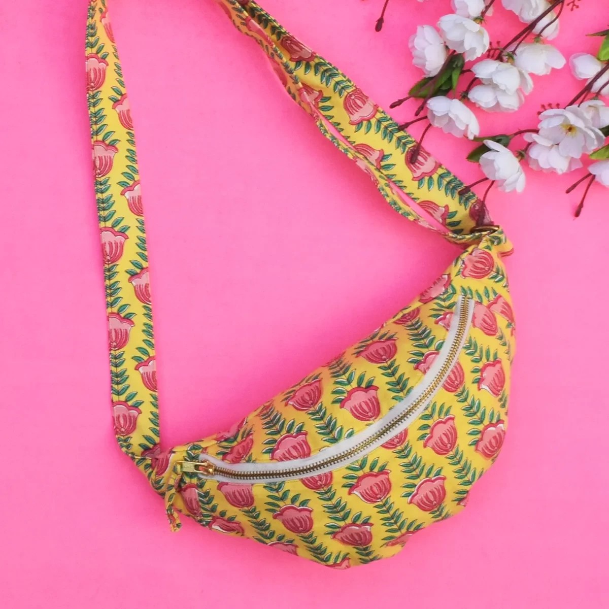 Lotus Bloom Banana Bag- Cotton Crossbody Bag- Quilted Travel Bag