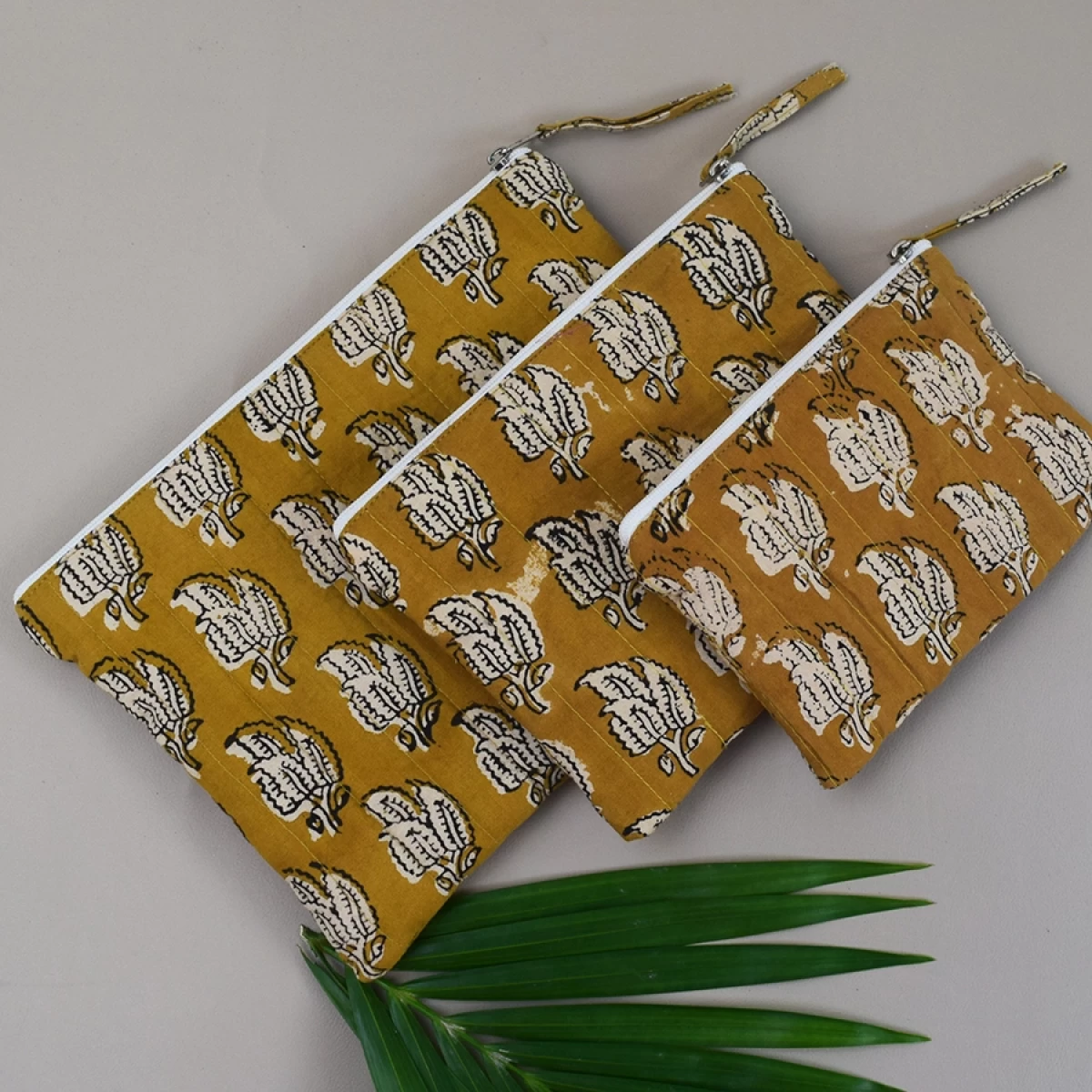 Tropical Green Hand Block Print Quilted Pouch- Set of 3- Quilted Multipurpose Pouch