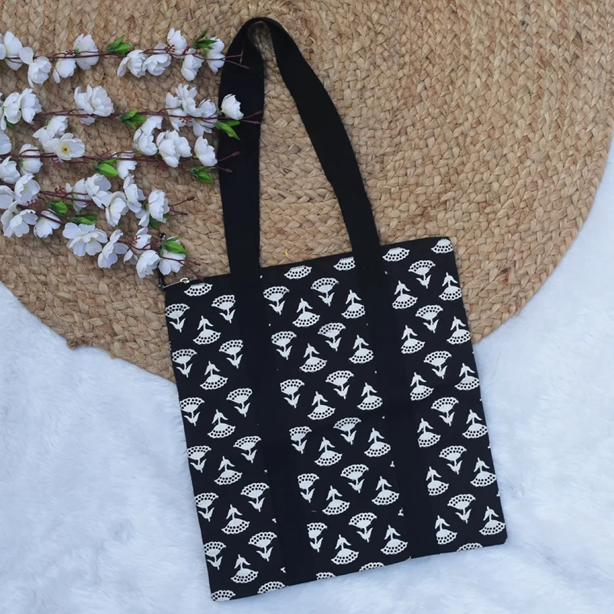 Black Floral Print Tote Bag- Fabric Tote Bag- Handbag For Women- Beach Bag