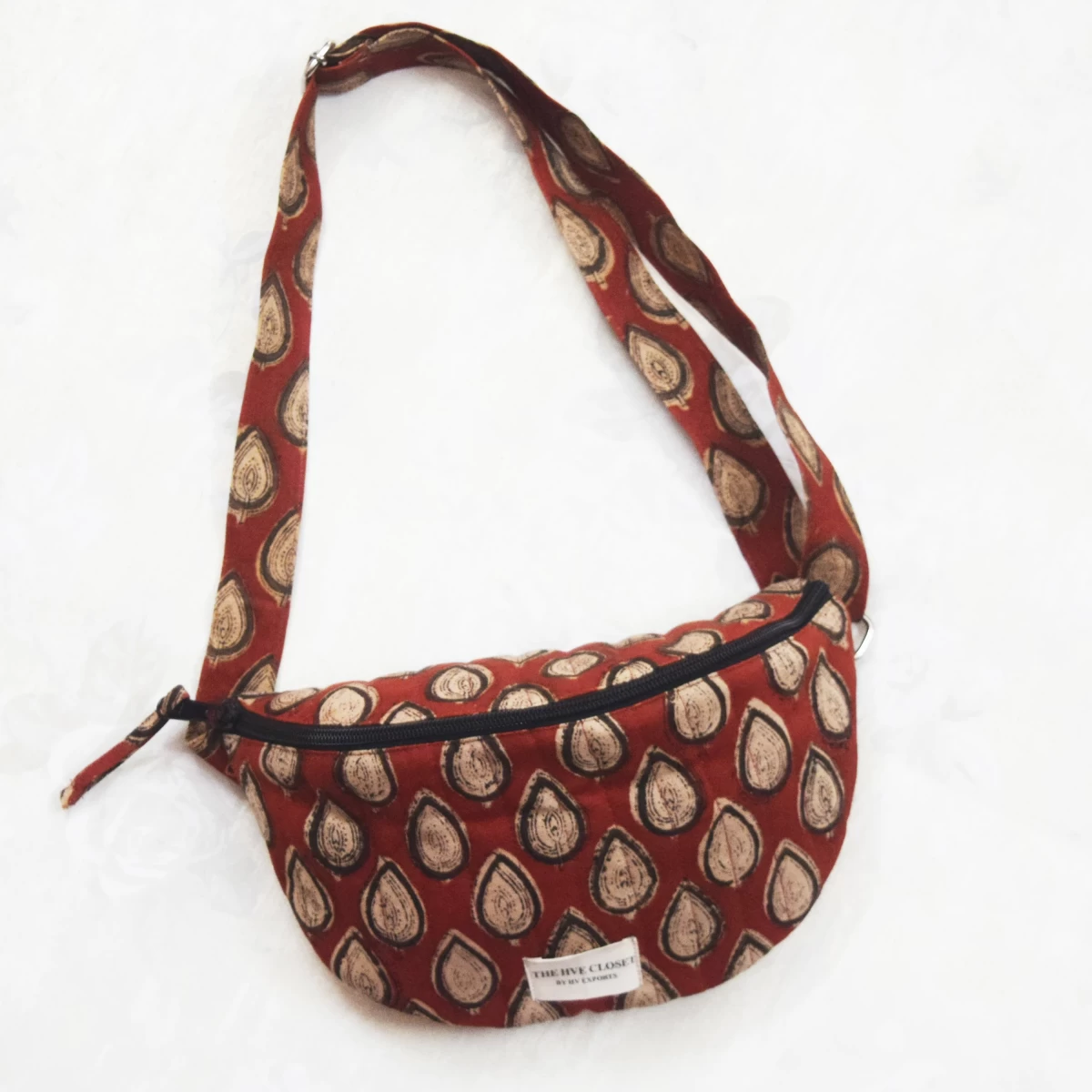 Maroon Blossom Banana Bag- Quilted Travel Bag- Canvas Crossbody Bag
