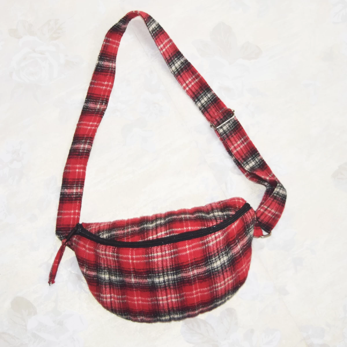 Red & Black Grid Banana Bag- Quilted Travel Bag- Crossbody Bag- Unisex Bag