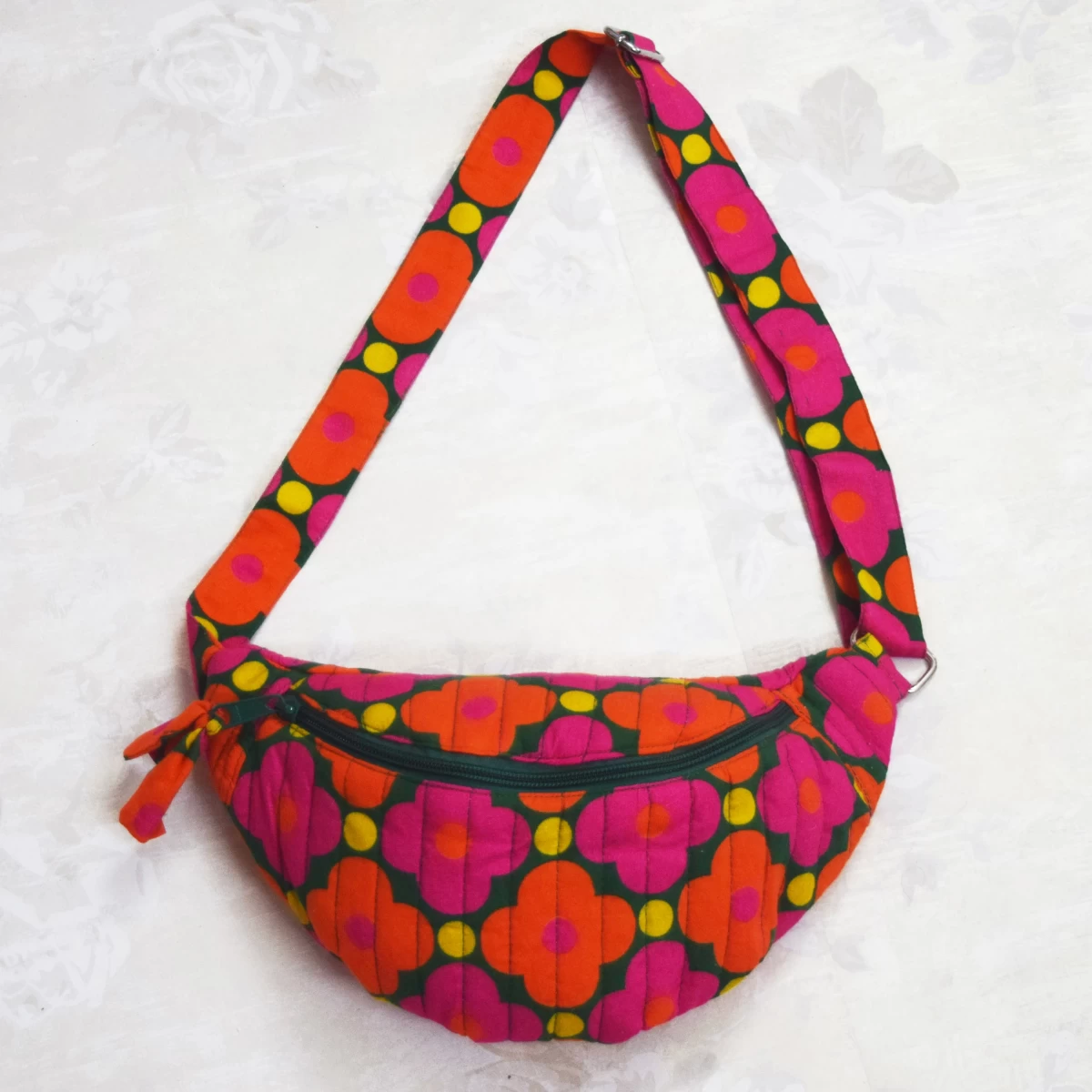 Floral Vibe Banana Bag- Quilted Crossbody Bag- Cotton Travel Bag- Travel Bag For Girls & Women