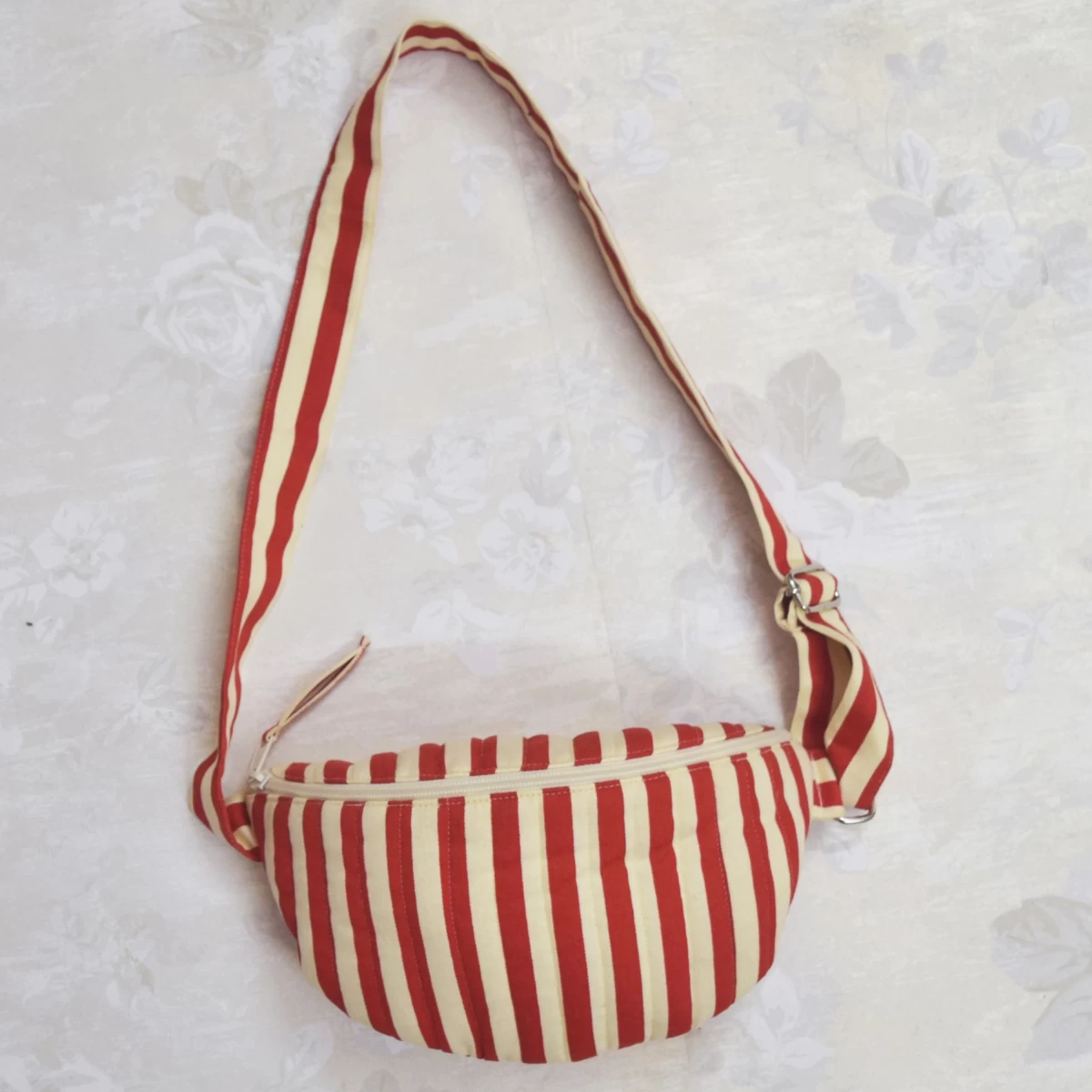 Berry & Cream Stripes Banana Bag- Canvas Crossbody Bag- Travel Bag