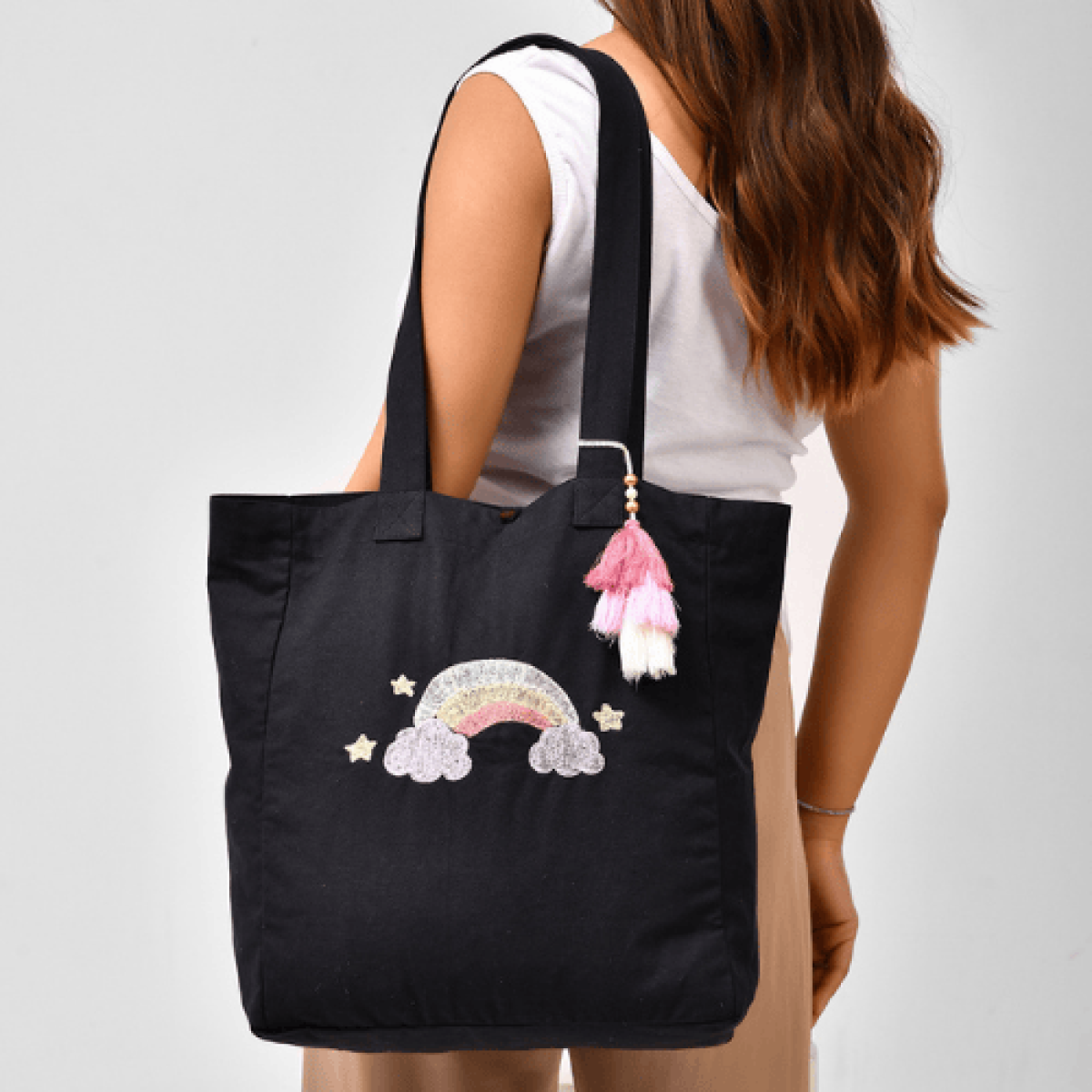 Rainbow Embroidered Tote Bag- Canvas Tote Bag- Big Shoulder Bag