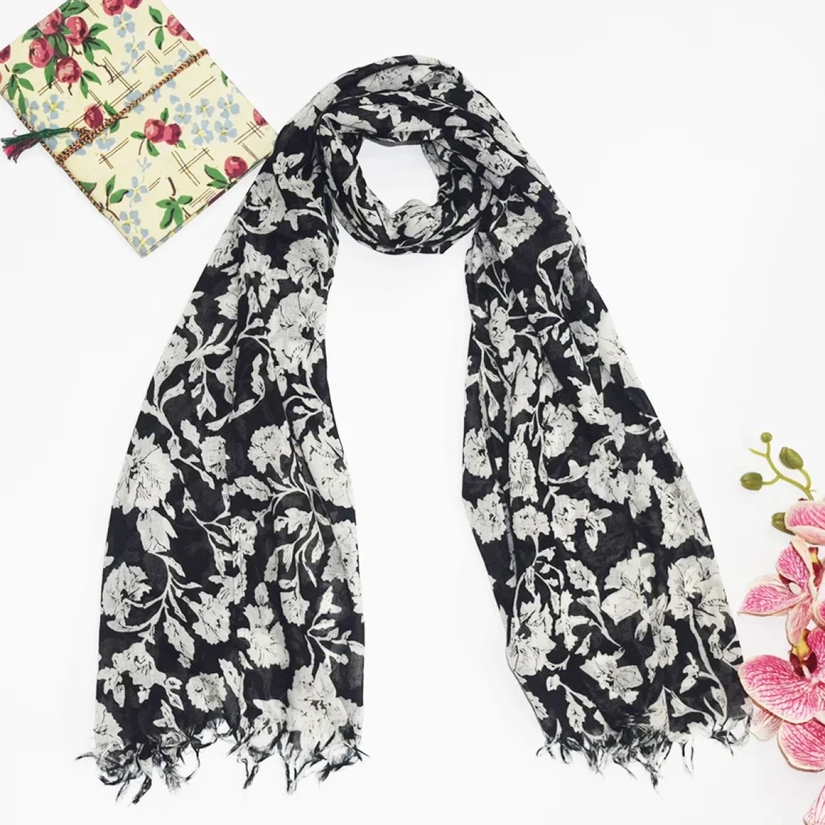 Black & White Floral Print Scarf- Cotton Scarf- Hijab For Women- 80x160cm