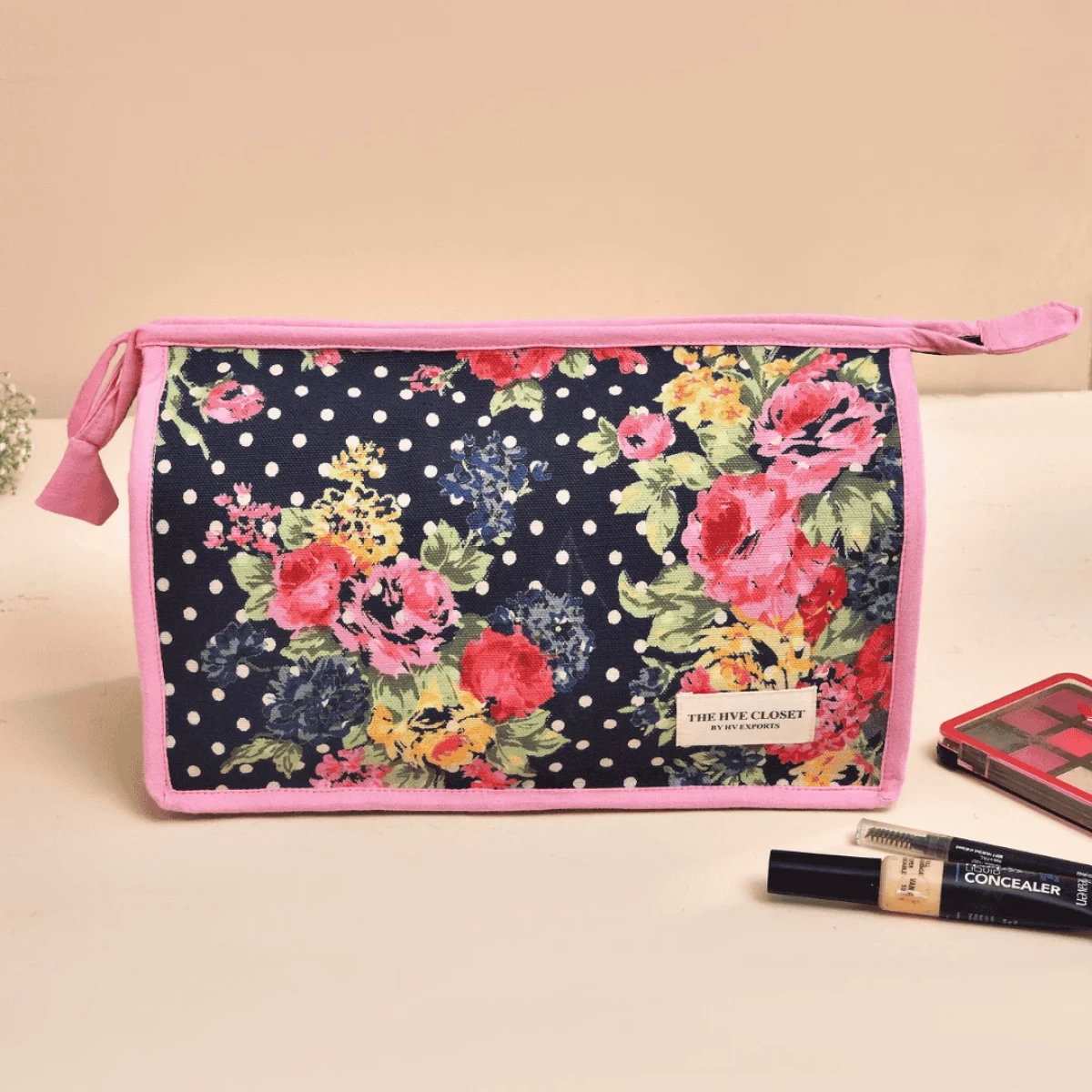 Blue Floral Canvas Vanity Pouch- Travel Pouch For Women- Big Pouch- Multipurpose Pouch